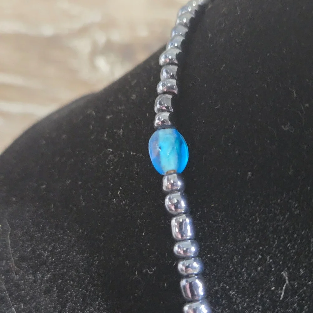 Vintage Millefiori Murano Glass‎ Barrel Bead Necklace Hematite Tone Beaded 17